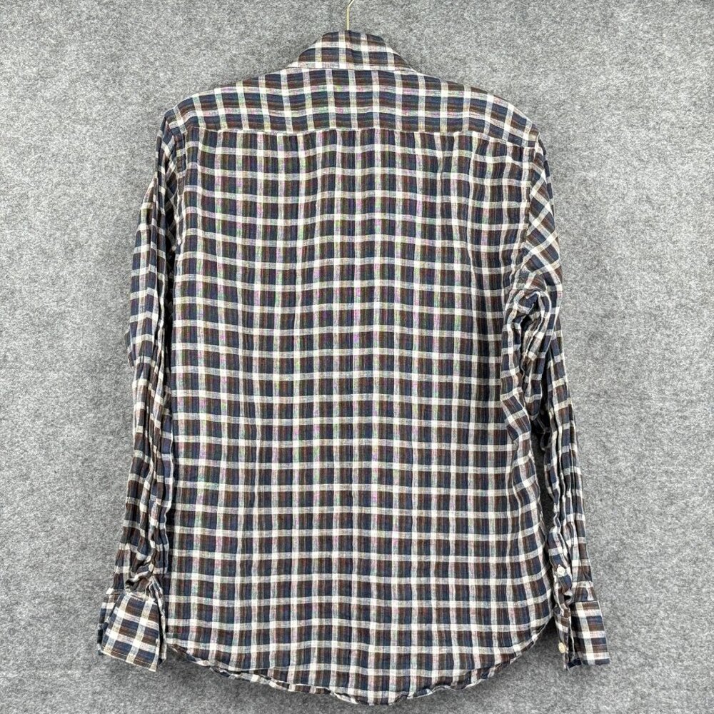 Cigar Couture Mens Medium Plaid Linen Button-Up Shirt Blue Brown Beige - Picture 7 of 8